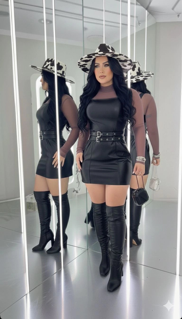 Vestido de courino com Cinto Duplo
