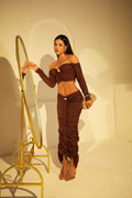 Conjunto Marrom Ombro a Ombro Drapeado com Saia Midi